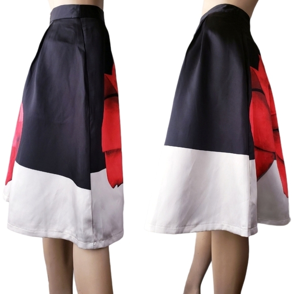 Color Block Floral Red, Black & White Faille Skirt - Picture 4 of 8